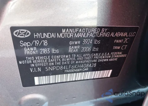 2019 Hyundai Elantra Sel z USA, uszkodzony, nr VIN 5NPD84LF6KH408428